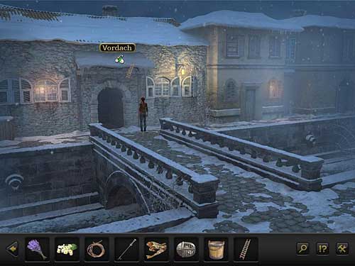 In the last part of An-Nasir escape, use the ladder to clear the snow out of the eave-porch over the central gate (use the ladder on the eave-porch and then click it) - Follow An-Nasir - Chapter 3 - Florence, Italy - Secret Files 3: The Archimedes Code - Game Guide and Walkthrough