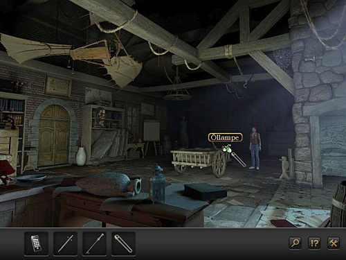 Notice that there is an oil lamp with concave mirror mounted on the strange vehicle next to the wall with the scales - Get the cylinder - Chapter 3 - Florence, Italy - Secret Files 3: The Archimedes Code - Game Guide and Walkthrough