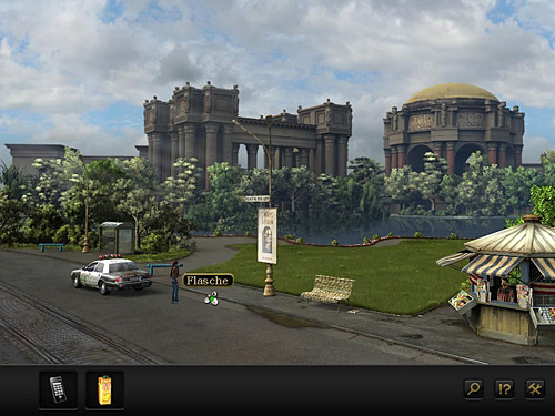 Look around and pick up empty glass bottle from the street (between the lantern and police car) - Get rid of the officer - Chapter 4 - San Francisco, USA - Secret Files 3: The Archimedes Code - Game Guide and Walkthrough