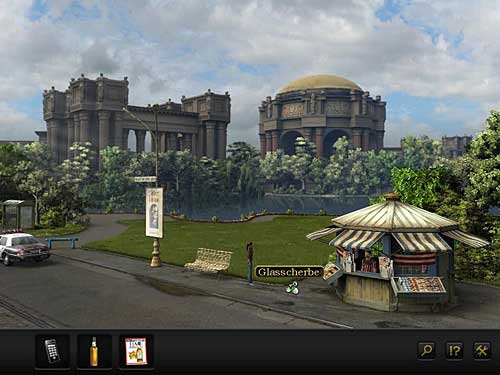 Locate the glass shard on the grass next to the shop - Get rid of the officer - Chapter 4 - San Francisco, USA - Secret Files 3: The Archimedes Code - Game Guide and Walkthrough