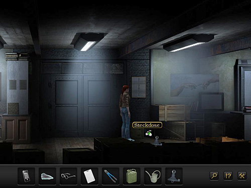 Go right and install it the socket next to the computer (at the bottom of the wall, right from the door to archive offices) - Solve the problem of lighting in the archive - Chapter 4 - San Francisco, USA - Secret Files 3: The Archimedes Code - Game Guide and Walkthrough