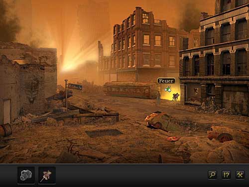 Once again use the hole in the wall to return to the street and set fire on the teddy bear by putting it in the fire between buildings on the right - Get to the surface - Chapter 7 - CERN, Switzerland - Secret Files 3: The Archimedes Code - Game Guide and Walkthrough