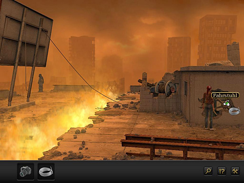 Use the steel cable on the elevator wheel visible in the hole on the right - Reach the Guardian - Chapter 7 - CERN, Switzerland - Secret Files 3: The Archimedes Code - Game Guide and Walkthrough