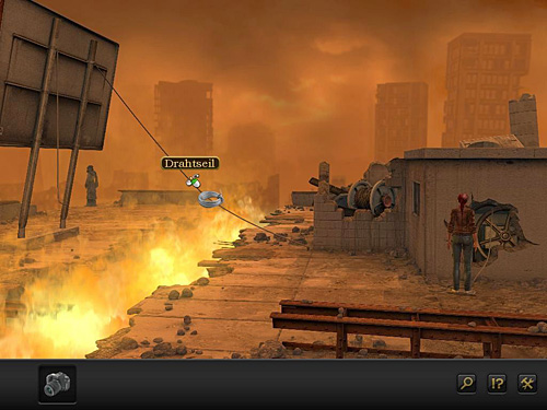 Get the cable ending from the floor and combine it with the cable holding the billboard - Reach the Guardian - Chapter 7 - CERN, Switzerland - Secret Files 3: The Archimedes Code - Game Guide and Walkthrough