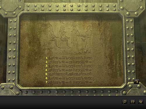 A table on the third column is covered with Egyptian hieroglyphs - Open the stone gate - Chapter 8 - Santorin, Greece - Secret Files 3: The Archimedes Code - Game Guide and Walkthrough