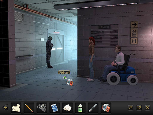 But the second one still guards his stand, despite of the sprinkling water - Eliminate guards - Chapter 9 - CERN, Switzerland - Secret Files 3: The Archimedes Code - Game Guide and Walkthrough