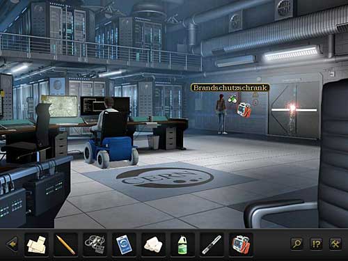 In order to stop them, hit the glass in fire cabinet (left from the door) with heavy defibrillator and take the axe - Stop the mercenaries - Chapter 9 - CERN, Switzerland - Secret Files 3: The Archimedes Code - Game Guide and Walkthrough