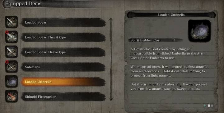 Loaded umbrella. - Loaded Umbrella | Prosthetic Tools in Sekiro Shadows Die Twice - Prosthetic Tools - Sekiro Guide and Walkthrough