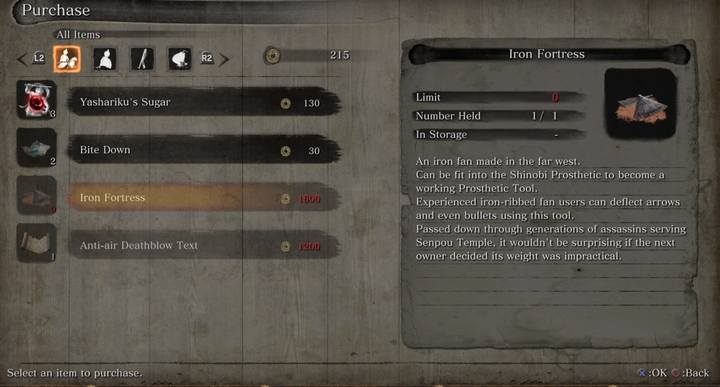 Iron Fortress - can be bought at Memorial Mob. - Loaded Umbrella | Prosthetic Tools in Sekiro Shadows Die Twice - Prosthetic Tools - Sekiro Guide and Walkthrough