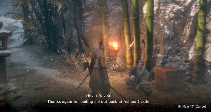 When you talk to the merchant at the castle, he will soon appear in an abandoned temple. - Fujioka The Info Broker | Merchants in Sekiro Shadows Die Twice - Merchants - Sekiro Guide and Walkthrough