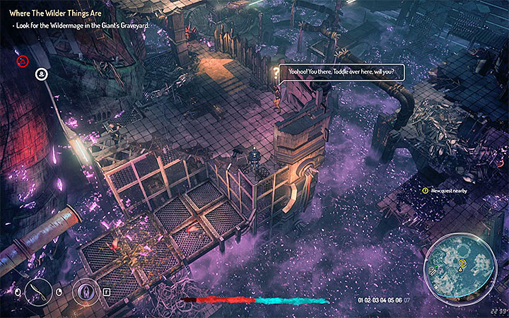 In order to start this quest, you need to tell the Wildermage from Where The Wilder Things Are quest (Giants Graveyard in the zone 7 - see the picture) that you want to help him with the experiment - Technomagi contracts | Walkthrough - Side Quests - Seven The Days Long Gone Game Guide