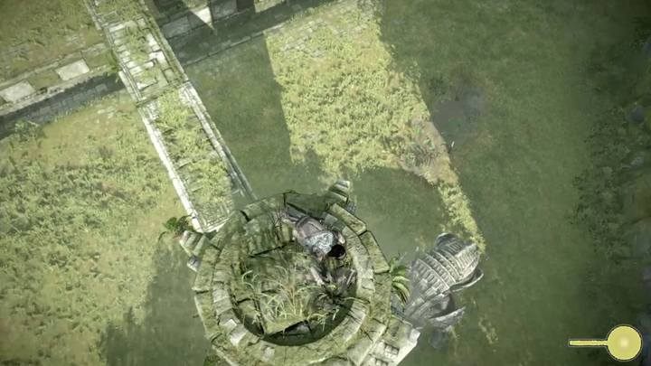Crouch while standing on the tower in order to hold your ground after a strike - Colossus 14 - Cenobia | Shadow of the Colossus Walkthrough - Walkthrough - Shadow of the Colossus Game Guide