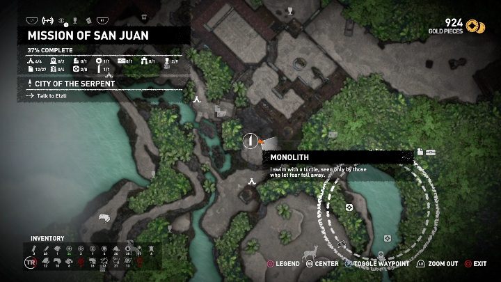 Lara will read a hint from the Monolith - I swim with a turtle, seen only by those who let fear fall away - Quechua monoliths in Shadow of the Tomb Raider Game - Monoliths - Shadow of the Tomb Raider Game Guide