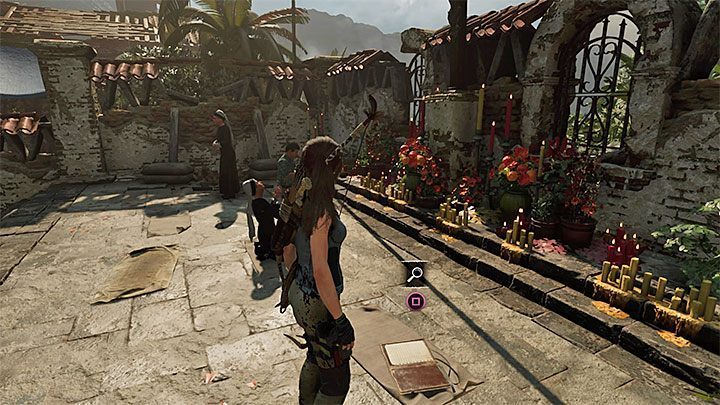 The flyer (3) is lying on the ground in a visible place, near the candles and nuns - Documents in Mission of San Juan | Secrets in Shadow of the Tomb Raider - Mission of San Juan - Shadow of the Tomb Raider Game Guide