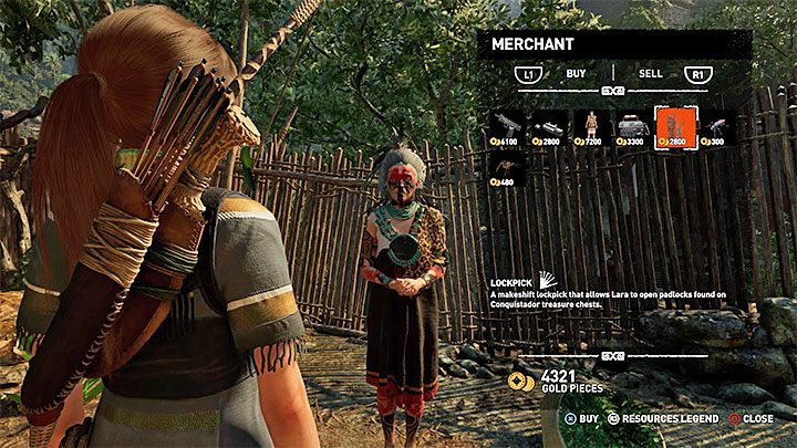 Lockpick is one of the items you can buy from Moraekah - it costs 2800 gold (see the picture) - Treasure Hunter trophy in Shadow of the Tomb Raider - Trophy Guide - Shadow of the Tomb Raider Game Guide