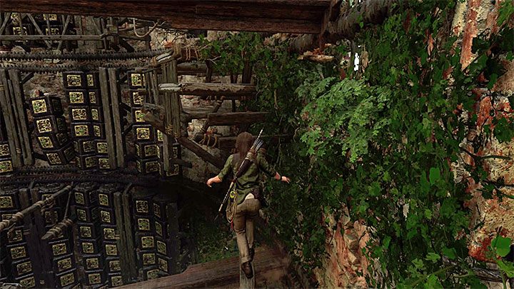 Having reached a larger shelf, proceed across the beam and jump in the spot shown on the picture - Completing the Trial of the Eagle - Path to the Hidden City - Trial of the Eagle - Shadow of the Tomb Raider Game Guide
