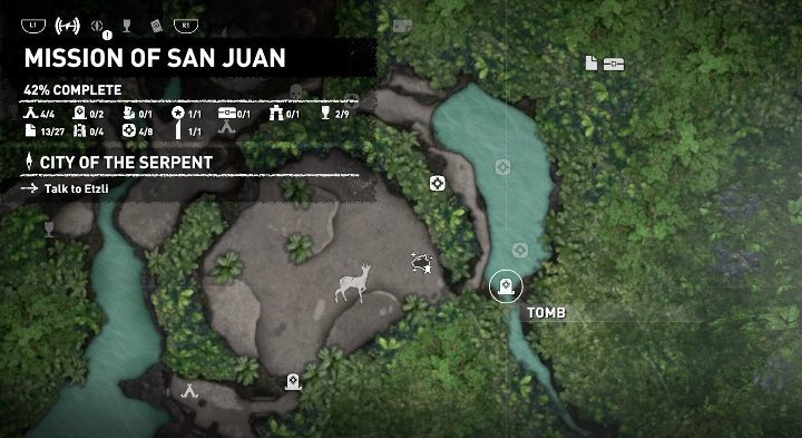 The Thirsty Gods Tomb can be found in the eastern part of the location, amongst the lakes - Mission of San Juan side quests in Shadow of the Tomb Raider - Side Quests - Shadow of the Tomb Raider Game Guide