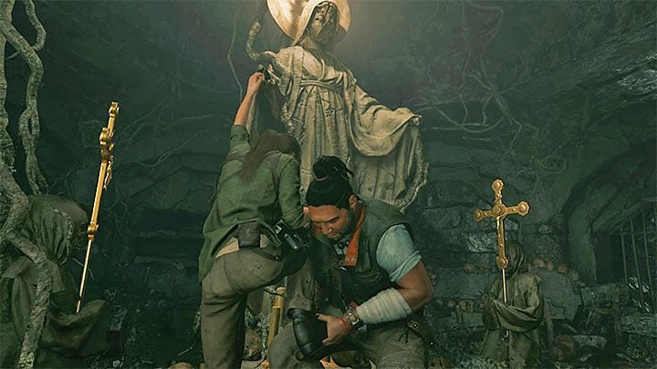 Approach Jonah and press the conversation button - How to solve the way of the cross puzzle beneath the library in San Juan? - Solving Riddles - Shadow of the Tomb Raider Game Guide