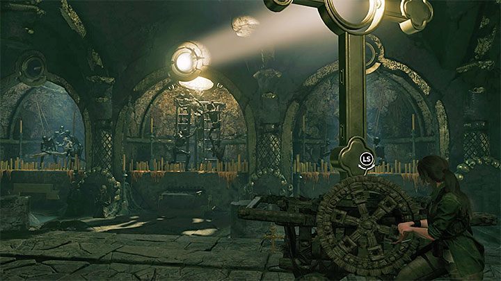 The room with the giant cross has two spinning wheels - How to solve the way of the cross puzzle beneath the library in San Juan? - Solving Riddles - Shadow of the Tomb Raider Game Guide