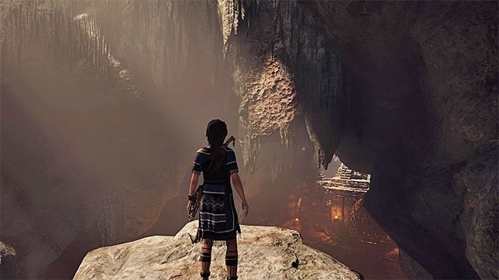 Follow the linear path until you reach the stone ledge presented in the picture - Exploration of the Belly and Head of the Serpent - The Hidden City - The Hidden City - Shadow of the Tomb Raider Game Guide