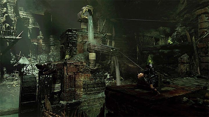 Use the spinning wheel to start moving the upper construction with a serpents head - Exploring of the temple - Eye of the Serpent; Empty-Handed - Mountain Temple Cenote - Shadow of the Tomb Raider Game Guide