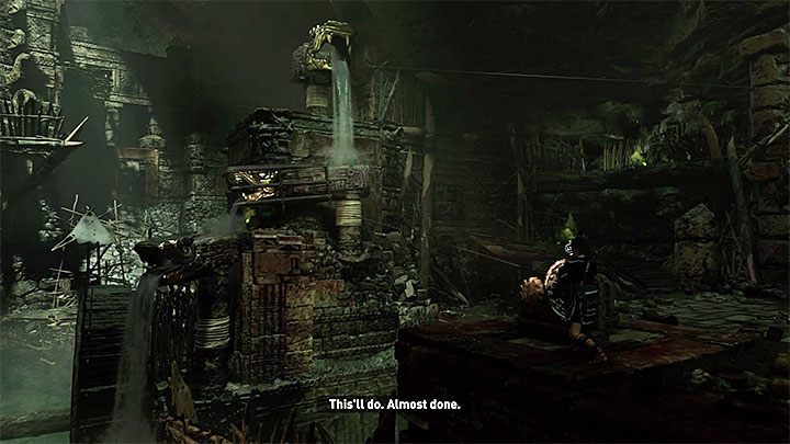 Cut the rope attached to the upper construction and then shoot another arrow with a rope at the construction in the middle (the one on which you have climbed earlier) - Exploring of the temple - Eye of the Serpent; Empty-Handed - Mountain Temple Cenote - Shadow of the Tomb Raider Game Guide