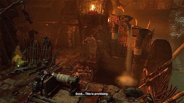 Stand next to the spinning wheel and aim at the taller construction with a serpents head (picture 1) - Exploring of the temple - Eye of the Serpent; Empty-Handed - Mountain Temple Cenote - Shadow of the Tomb Raider Game Guide