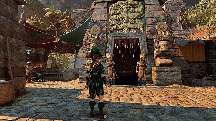 The entrance to the temple of Kukulkan is watched by two guards who were shown in the cut-scene during your meeting with Etzli (picture above) - Finding Unuratu in the temple of Kukulkan - Rebellion Lives - The Hidden City - return - Shadow of the Tomb Raider Game Guide