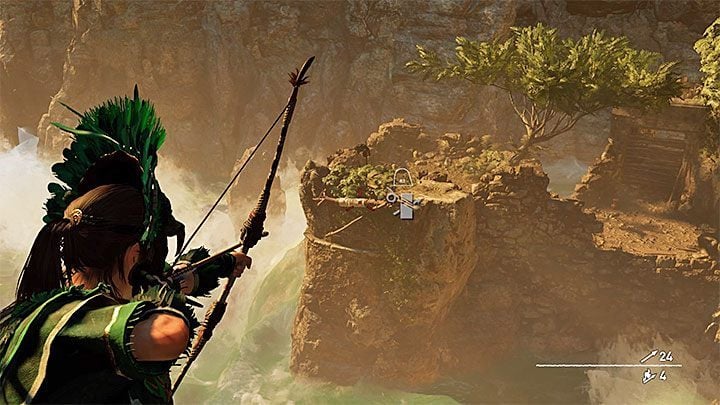 After you get out of the cell, position yourself at the edge of the rock shelf and aim the bow at the rope coil shown in the picture - Escape with Unuratu and exploration of the Sinchi Chiqa tomb - Last Emperor - The Hidden City - return - Shadow of the Tomb Raider Game Guide