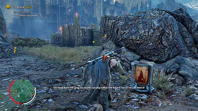Once you poison a barrel, get away from it quickly - Venom | Outcast Rescue Missions - Outcast Rescue Missions - Middle-earth: Shadow of Mordor Game Guide