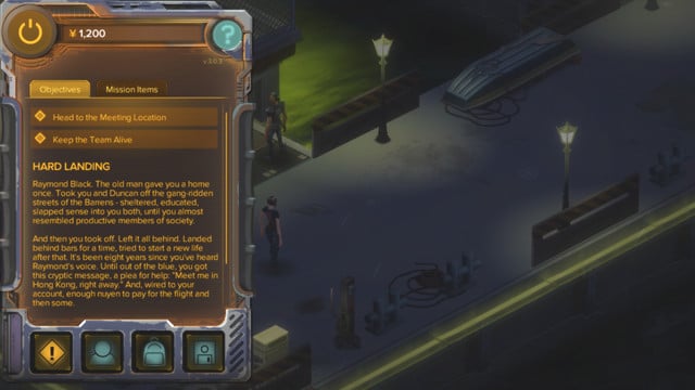 The mission screen - here, you can view your objectives, mission description and the current amount of cash - Hard Landing - main mission - Docks M1 - Shadowrun: Hong Kong - Game Guide and Walkthrough