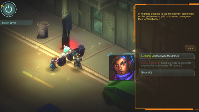 The dwarf party member (Is0bel) can interact with the bike (unless you have Decking [2] or Drone Control [2]), to activate two drones, behind the police car with two guards - Hard Landing - main mission - Docks M1 - Shadowrun: Hong Kong - Game Guide and Walkthrough