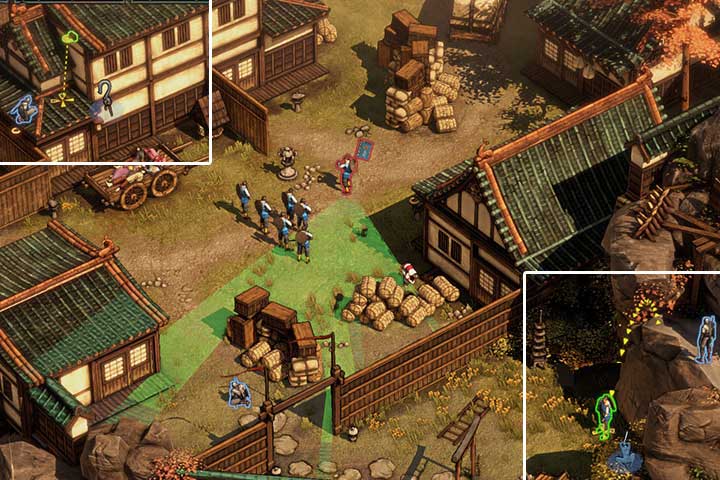 When you reach the rocks, wait until the guard below stops right next to you, and jump on him from your ledge - Mission 1 - Osaka Castle | Walkthrough - Campaign - Shadow Tactics: Blades of the Shogun Game Guide