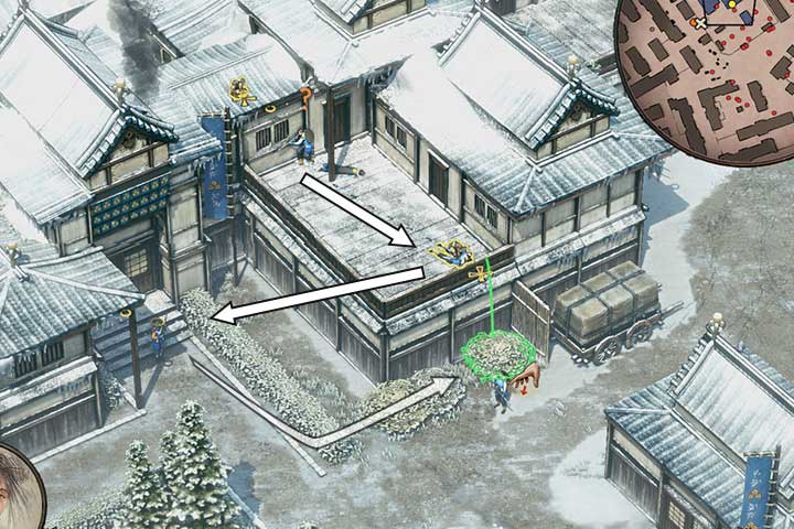 Ambush the samurai by casting down the icicle on him when he is directly underneath - Mission 3 - Imai Town | Walkthrough - Campaign - Shadow Tactics: Blades of the Shogun Game Guide