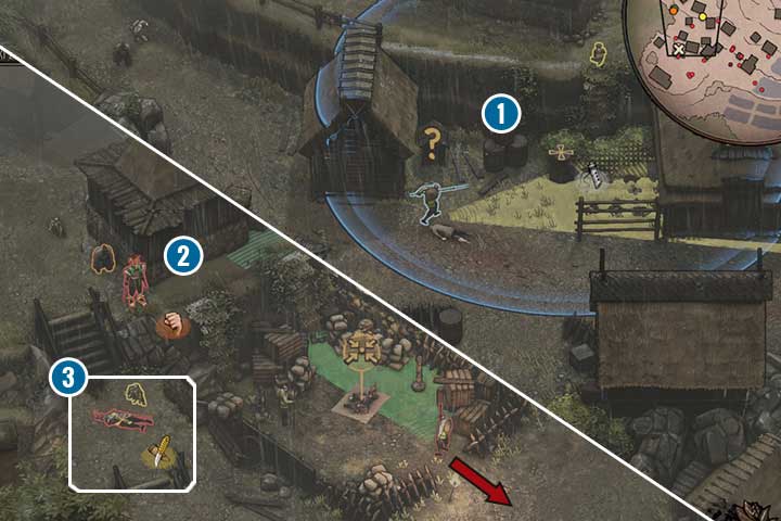 First, get rid of a guard patrolling the area near the houses - Mission 7 - Suganuma Village | Walkthrough - Campaign - Shadow Tactics: Blades of the Shogun Game Guide