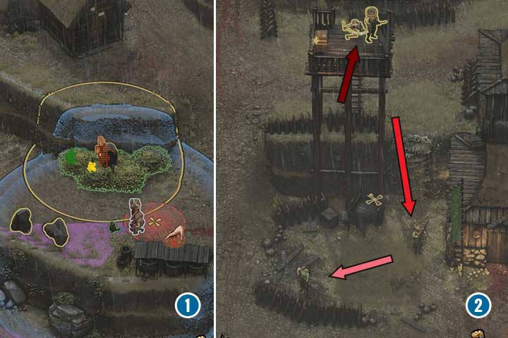 Go back to the place where Mugen was held and hide in the bushes below the guarded entrance to the village - Mission 7 - Suganuma Village | Walkthrough - Campaign - Shadow Tactics: Blades of the Shogun Game Guide