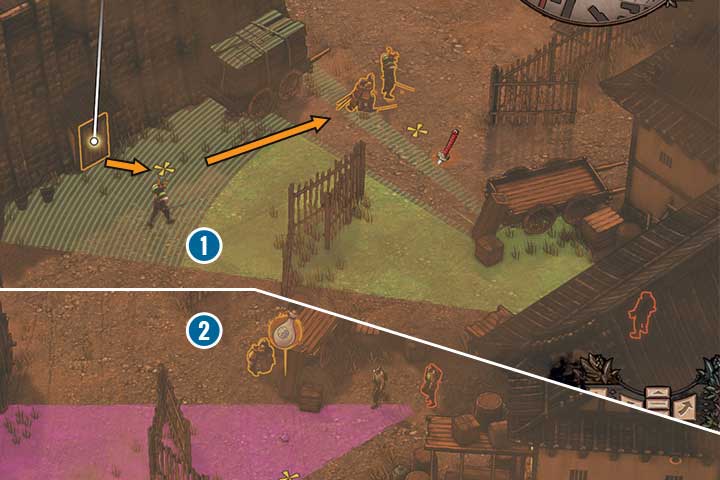 Wait for the moment when the patrolling samurai heads back to the prisoners, use this occasion to go through the door near the main gate - Mission 8 - Kanazawa City | Walkthrough - Campaign - Shadow Tactics: Blades of the Shogun Game Guide
