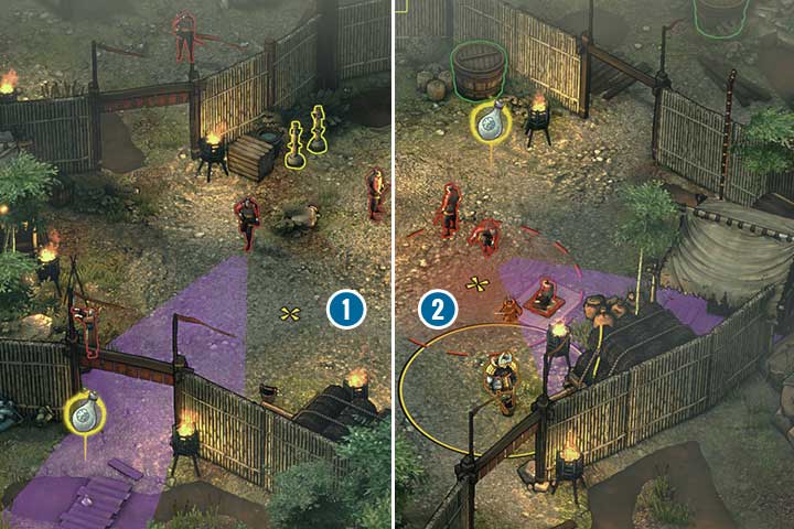 Switch to Takuma and use the sniper rifle to take down two guards on the towers - Mission 9 - Kage-samas Camp | Walkthrough - Campaign - Shadow Tactics: Blades of the Shogun Game Guide