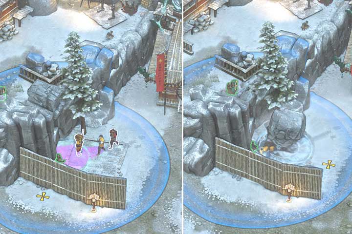 Right where the pistols were, there is a huge rock that you can throw down - Mission 10 - Mount Tsuru (Prison) | Walkthrough - Campaign - Shadow Tactics: Blades of the Shogun Game Guide