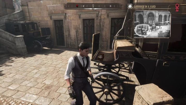 Exact location: The first treasure is on a black carriage on the yard between buildings - Sherlock Holmes Chapter One: Treasures - list of all - Secrets & Collectibles - Sherlock Holmes Chapter One Guide