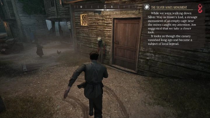 After changing your clothes, it's time to head between the buildings and approach the person standing at the big wooden door - Sherlock Holmes Chapter One: For the Birds, Cordona stories - Cordon Tales - Sherlock Holmes Chapter One Guide