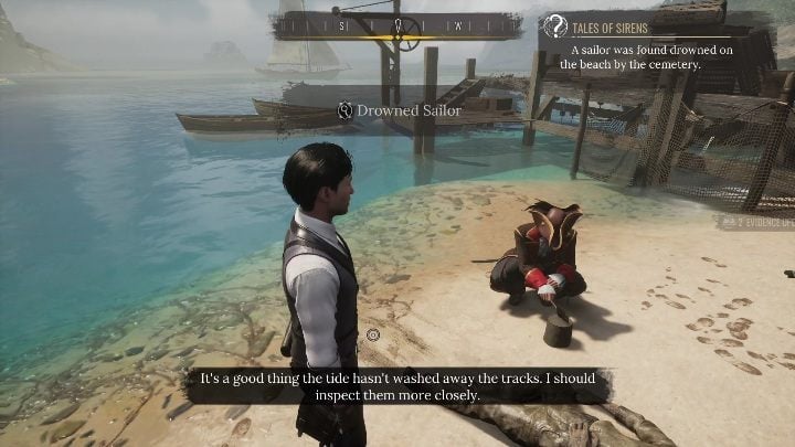 Now find and examine the footprints along the shore - they look like somebody dragged the body - Sherlock Holmes Chapter One Other Cases: Siren Song - walkthrough, solution - Other matters - Sherlock Holmes Chapter One Guide