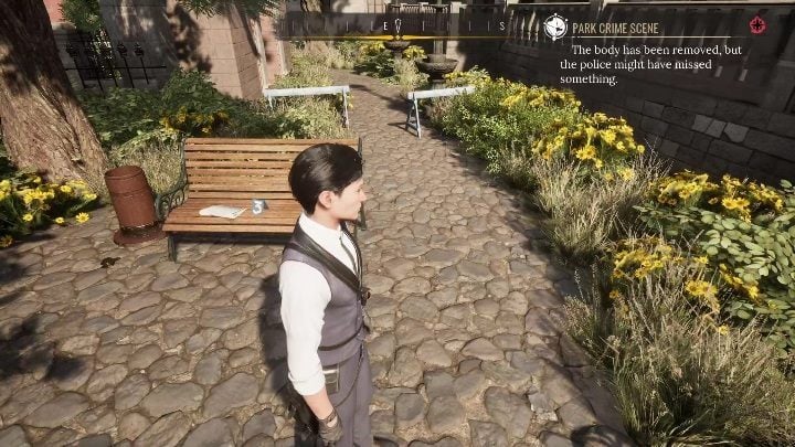 There are a few objects to be examined - start with bench marked with 3 - Sherlock Holmes Chapter One Other Cases: Siren Song - walkthrough, solution - Other matters - Sherlock Holmes Chapter One Guide