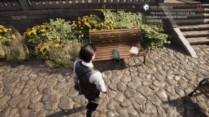 Move on the next bench (marked with 2), the one across the well - Sherlock Holmes Chapter One Other Cases: Siren Song - walkthrough, solution - Other matters - Sherlock Holmes Chapter One Guide