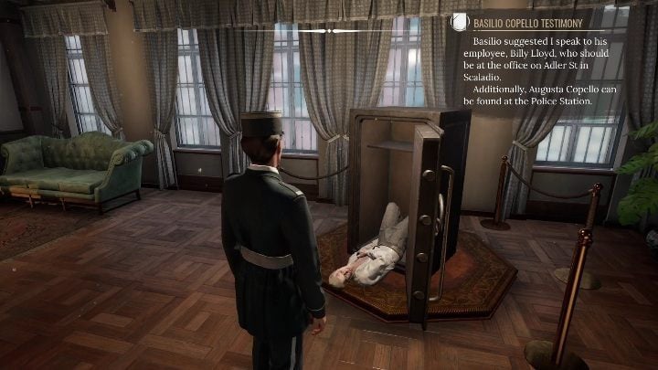 As soon as you walk up the stairs, you'll see a body protruding out of the safe - Sherlock Holmes Chapter One: Iron Coffin - walkthrough, Other Cases - Other matters - Sherlock Holmes Chapter One Guide