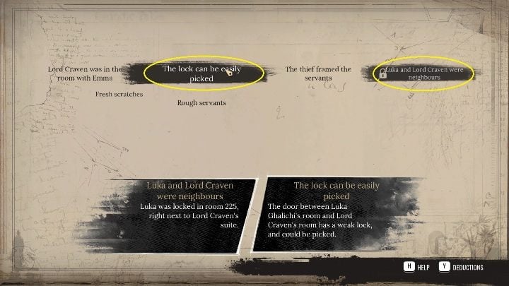 Clues about Luka and the Lord having rooms next to each other, and the lock being very weak and easy to open - Sherlock Holmes Chapter One: Ghosts of the Past, murder case - walkthrough - Ghosts of the past - Sherlock Holmes Chapter One Guide