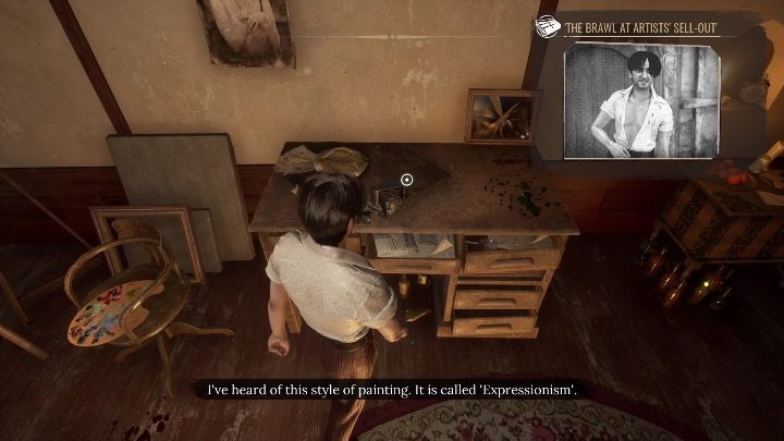 After examining the corpse and the painting, go to the wooden desk - Sherlock Holmes Chapter One: The Muse from Abroad, the painters apartment - walkthrough - The Muse From Abroad - Sherlock Holmes Chapter One Guide