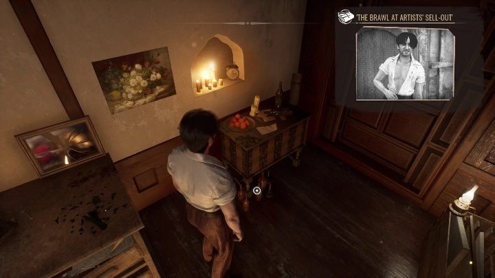 The collection of alcohols is right by the door to the room, under a wooden cabinet - Sherlock Holmes Chapter One: The Muse from Abroad, the painters apartment - walkthrough - The Muse From Abroad - Sherlock Holmes Chapter One Guide