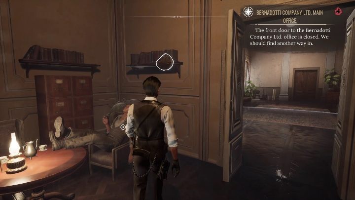 Continue to the entrance to Bernadotti's office - Sherlock Holmes Chapter One: The Muse from Abroad, Norton and Bernadotti - walkthrough, solution - The Muse From Abroad - Sherlock Holmes Chapter One Guide