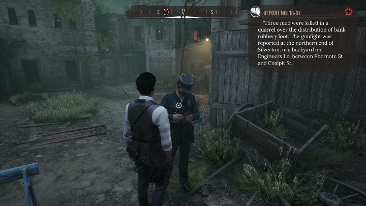 There, you have to talk to a police officer and then search for evidence - Sherlock Holmes Chapter One: Splitting the Loot - walkthrough - Police cases - Sherlock Holmes Chapter One Guide